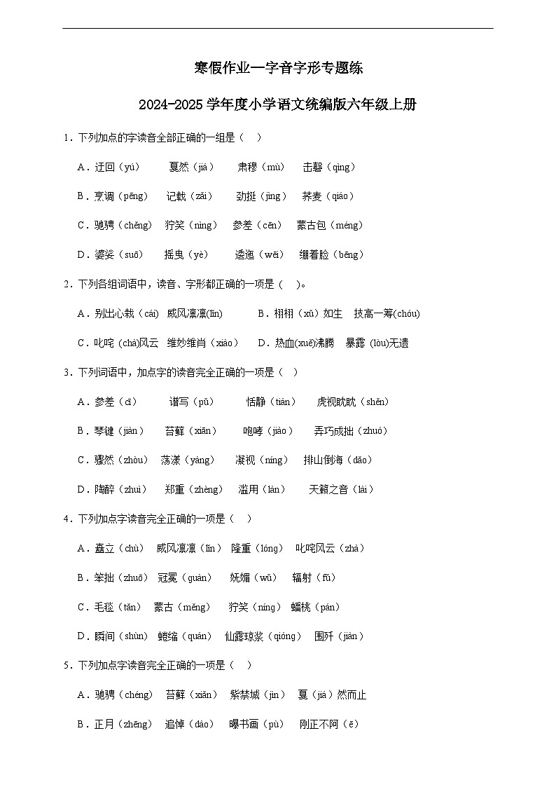 寒假作业--字音字形专题练       2024-2025学年度小学语文统编版六年级上册第1页