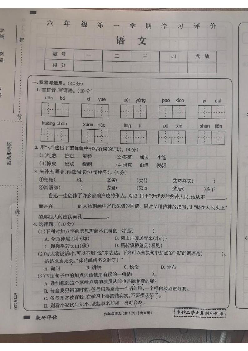 河南省新乡市原阳县路寨乡贾村实验学校2024-2025学年六年级上学期1月期末语文试题第1页
