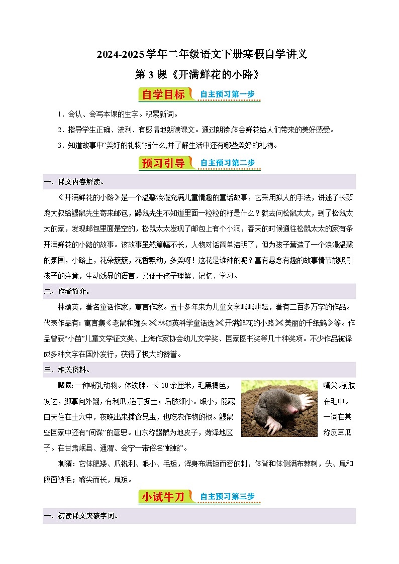 第3课《开满鲜花的小路》-2024-2025学年二年级语文下册寒假自学讲义（统编版）第1页