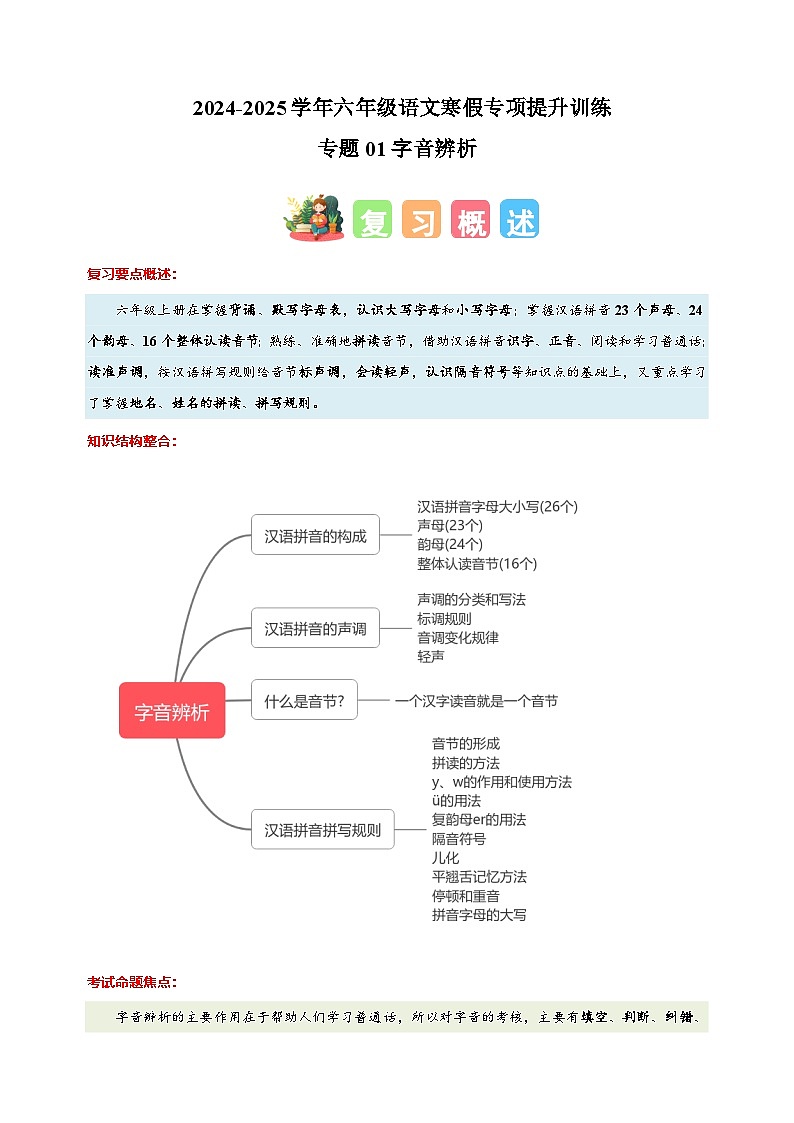 专题01字音辨析-2024-2025学年六年级语文寒假专项提升训练（统编版）第1页