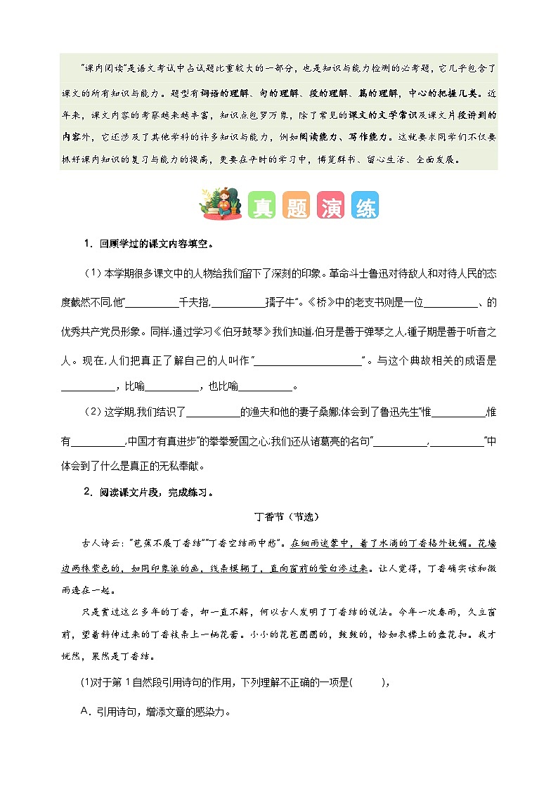 专题10 课内阅读-2024-2025学年六年级语文寒假专项提升训练（统编版）第2页