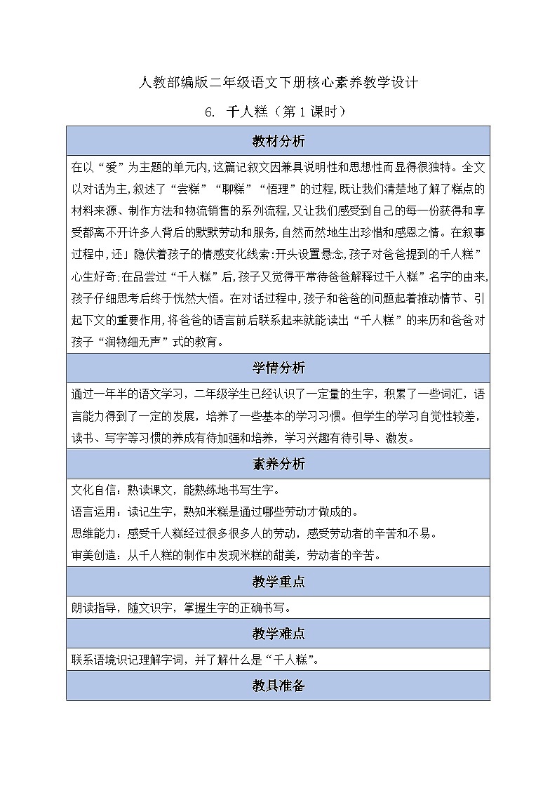 【备课无忧】统编版二下-6. 千人糕 第1课时（教案含反思）第1页