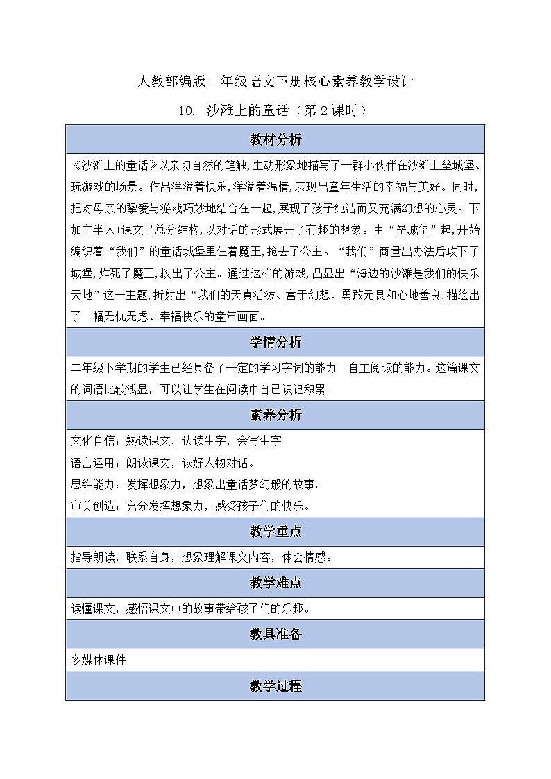【备课无忧】统编版二下-10. 沙滩上的童话 第2课时（教案含反思）第1页