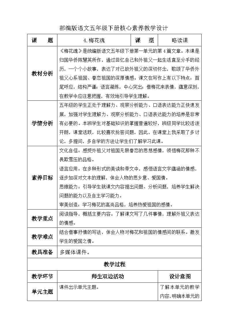 【备课无忧】统编版语文五下-4.梅花魂（教学设计含反思）第1页