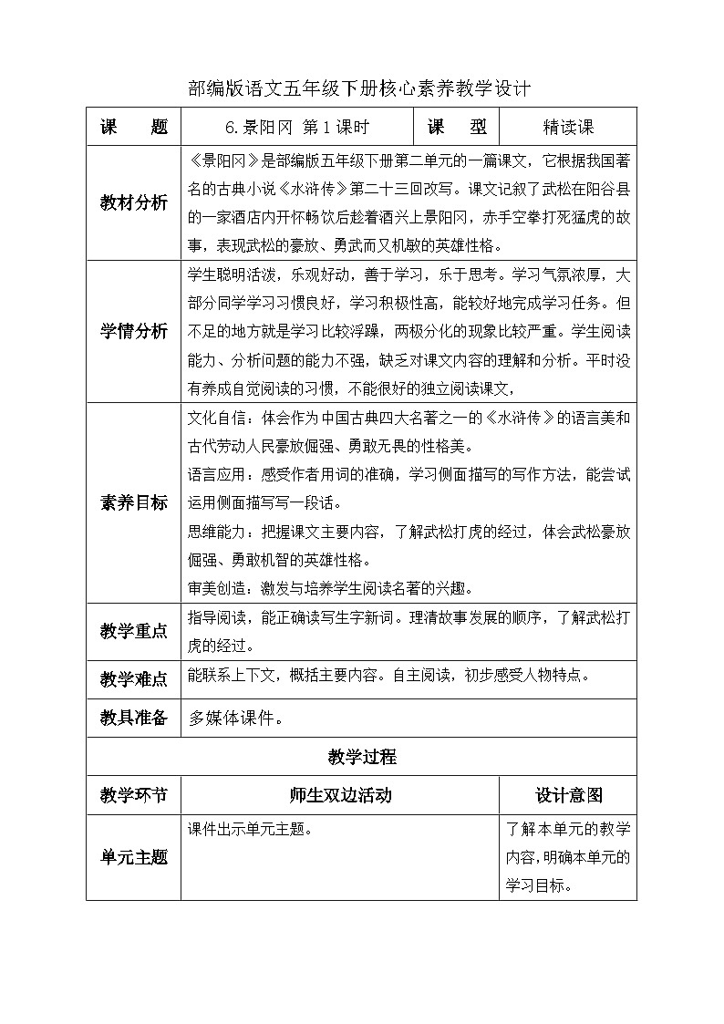 【备课无忧】统编版语文五下-6.景阳冈 第1课时（教学设计含反思）第1页
