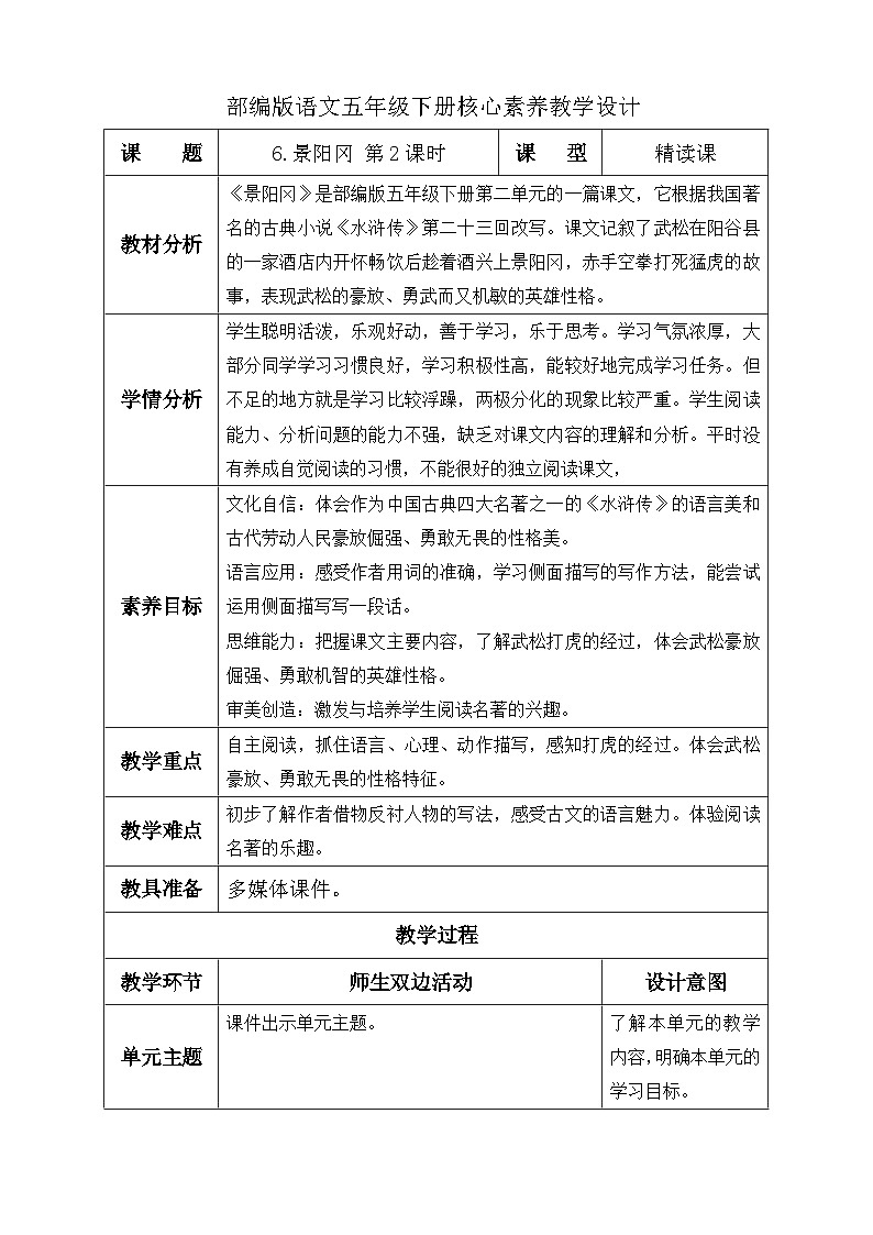 【备课无忧】统编版语文五下-6.景阳冈 第2课时（教学设计含反思）第1页