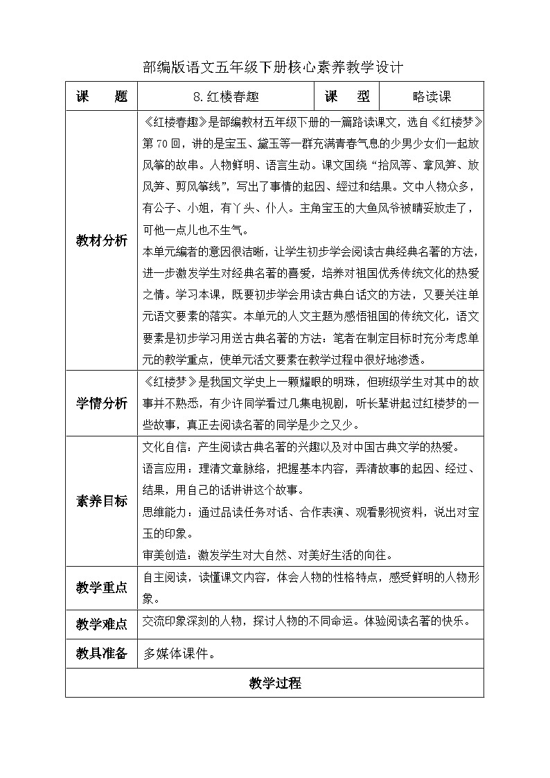 【备课无忧】统编版语文五下-8.红楼春趣（教学设计含反思）第1页