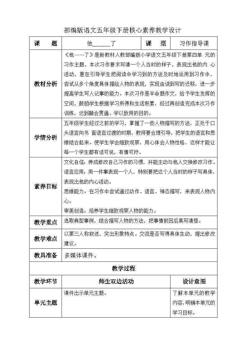 【备课无忧】统编版语文五下-习作4：他______了（教学设计含反思）第1页