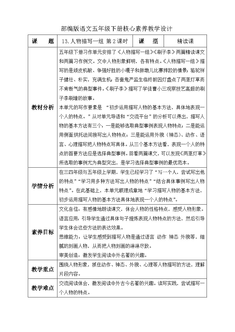 【备课无忧】统编版语文五下-13.人物描写一组 第2课时（教学设计含反思）第1页