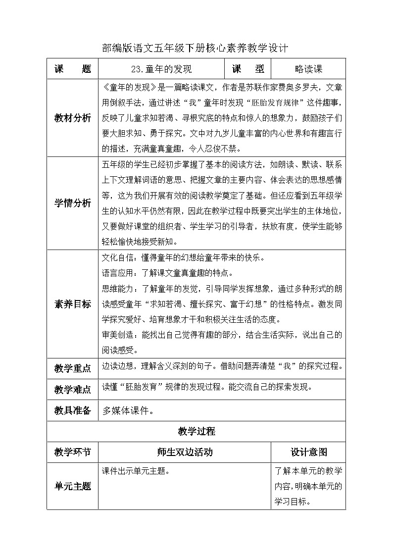 【备课无忧】统编版语文五下-23.童年的发现（教学设计含反思）第1页