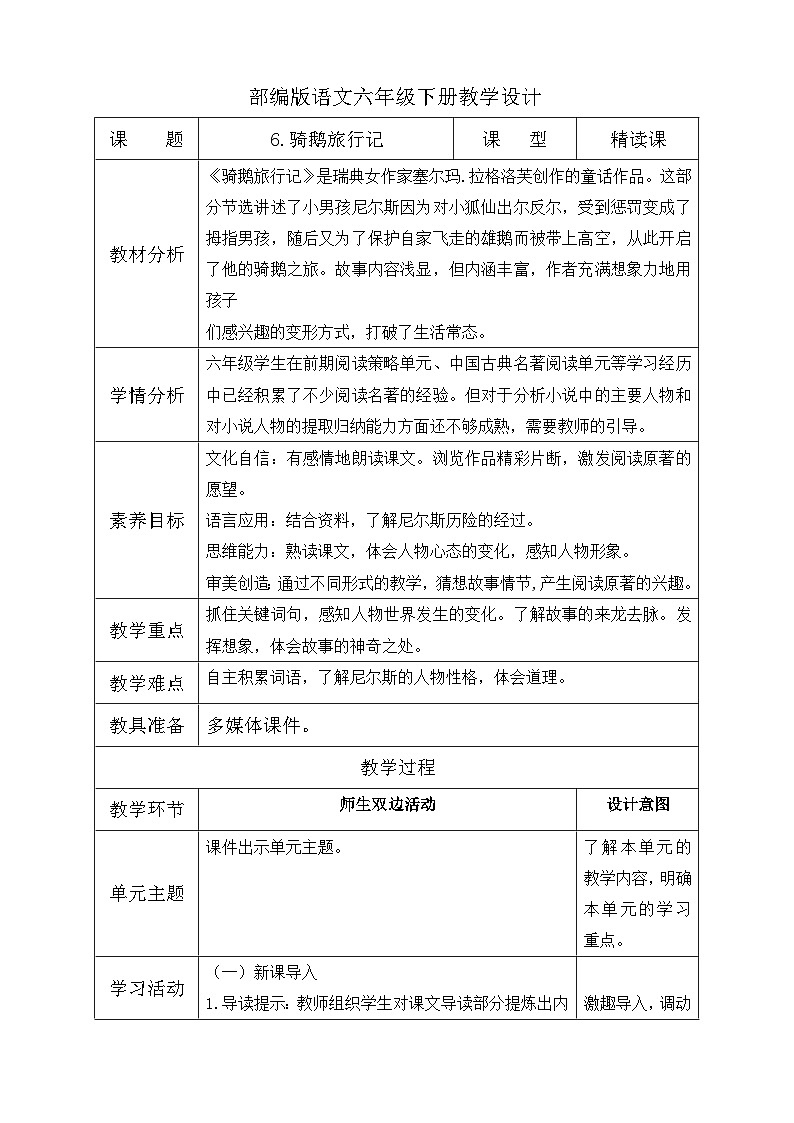 【备课无忧】统编版六下-6. 骑鹅旅行记（教案含反思）第1页