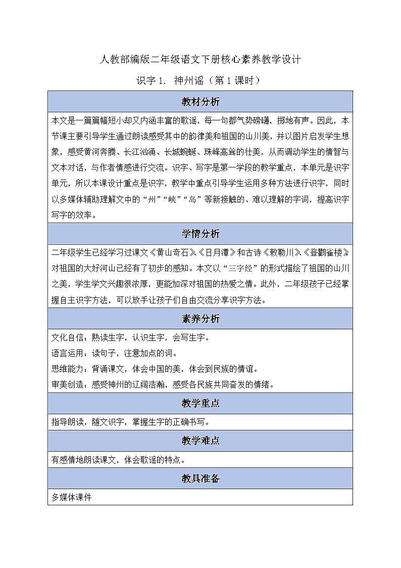 【备课无忧】统编版二下-识字1. 神州谣 第1课时（教案含反思）第1页
