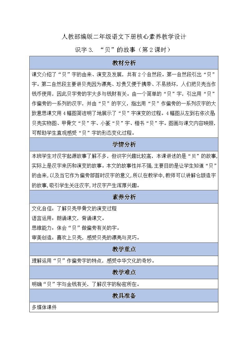 【备课无忧】统编版二下-识字3. “贝”的故事 第2课时（教案含反思）第1页