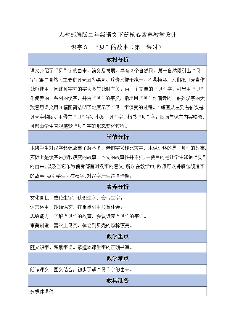 【备课无忧】统编版二下-识字3. “贝”的故事 第1课时（教案含反思）第1页