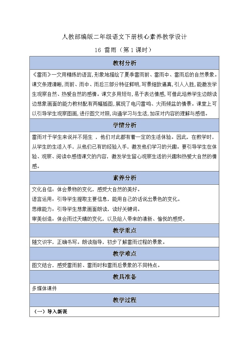 【备课无忧】统编版二下-16. 雷雨 第1课时（教案含反思）第1页