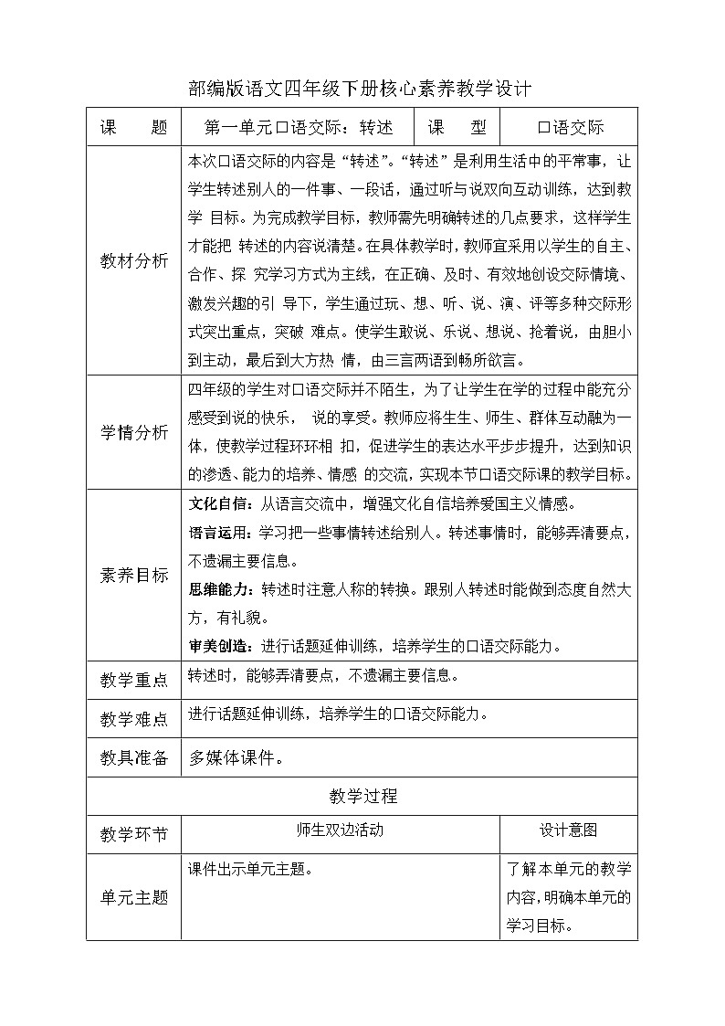 【备课无忧】统编版四下-第一单元口语交际：转述（教学设计含反思）第1页