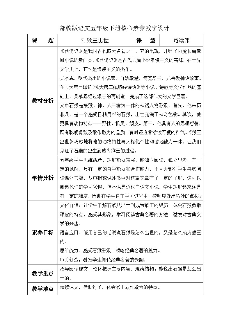 【备课无忧】统编版语文五下-7.猴王出世（教学设计含反思）第1页