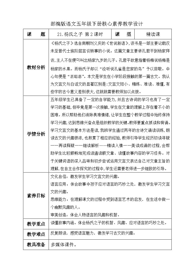 【备课无忧】统编版语文五下-21.杨氏之子 第2课时（教学设计含反思）第1页