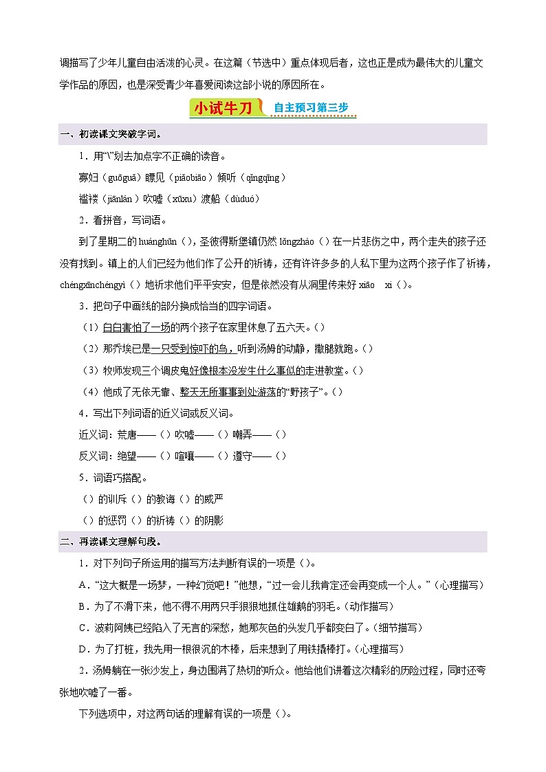 第7课《 汤姆·索亚历险记（节选）》-2024-2025学年六年级语文下册寒假自学讲义（统编版）第2页