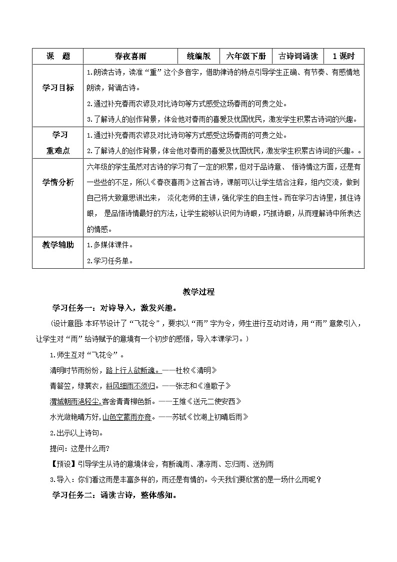 古诗词诵读 《春夜喜雨》（教学设计）第1页