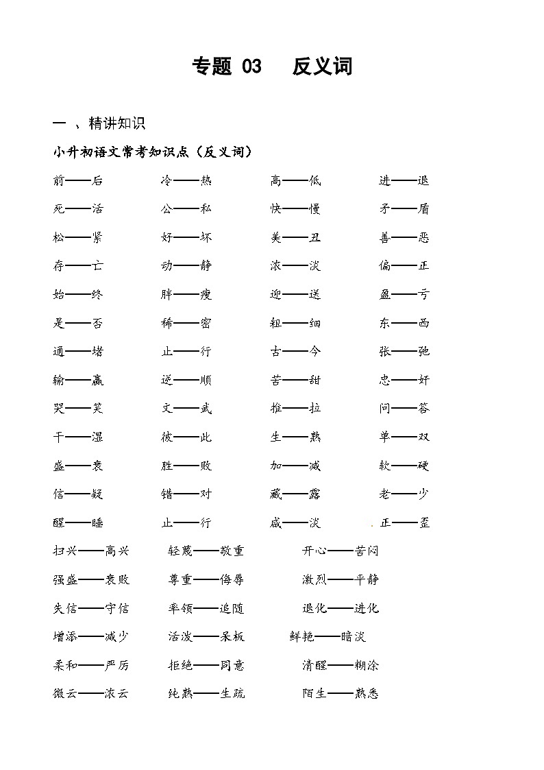 专题03反义词-备战2025年小升初语文精讲精练必刷题(全国通用)(学生版+解析)第1页