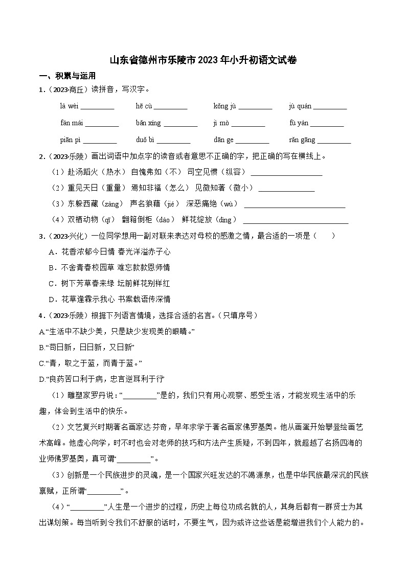 山东省德州市乐陵市2023年小升初语文试卷(学生版+解析)第1页