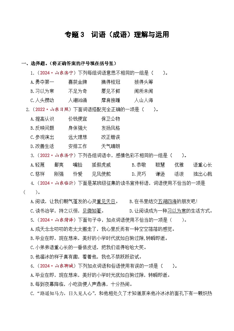 专题3  词语（成语）理解与运用-2024-2025学年小升初语文备考真题分类汇编（山东专版）第1页