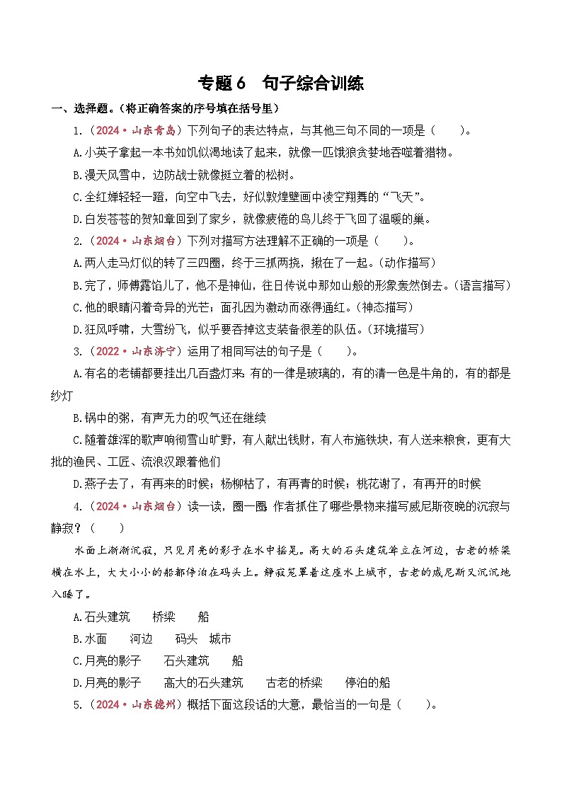 专题6  句子综合训练-2024-2025学年小升初语文备考真题分类汇编（山东专版）第1页