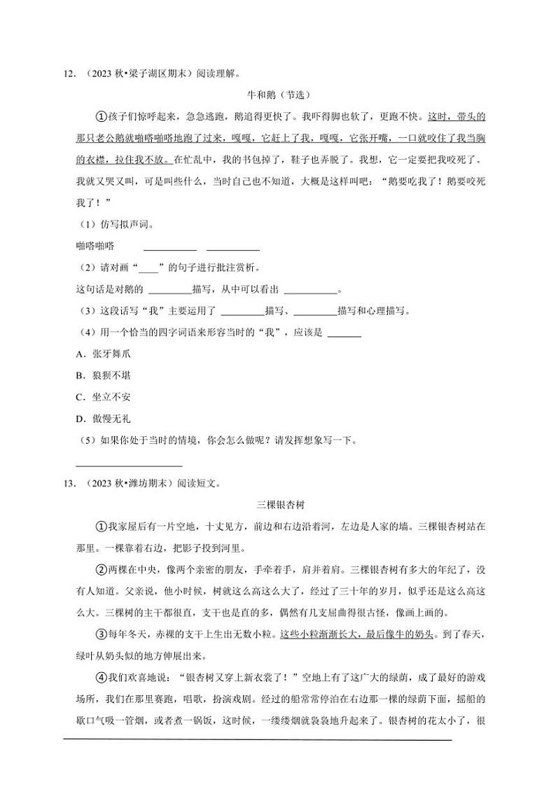 统编版语文四年级上册期末能力提升检测卷～试卷(含答案)第3页