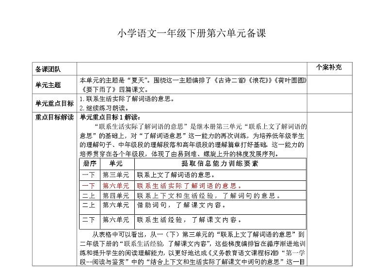 部编版小学语文一下第六单元大单元教学设计第1页