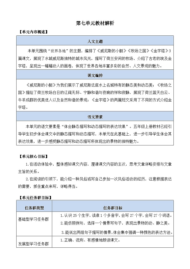 统编版小学语文五年级下册 第七单元教材解析  讲义第1页