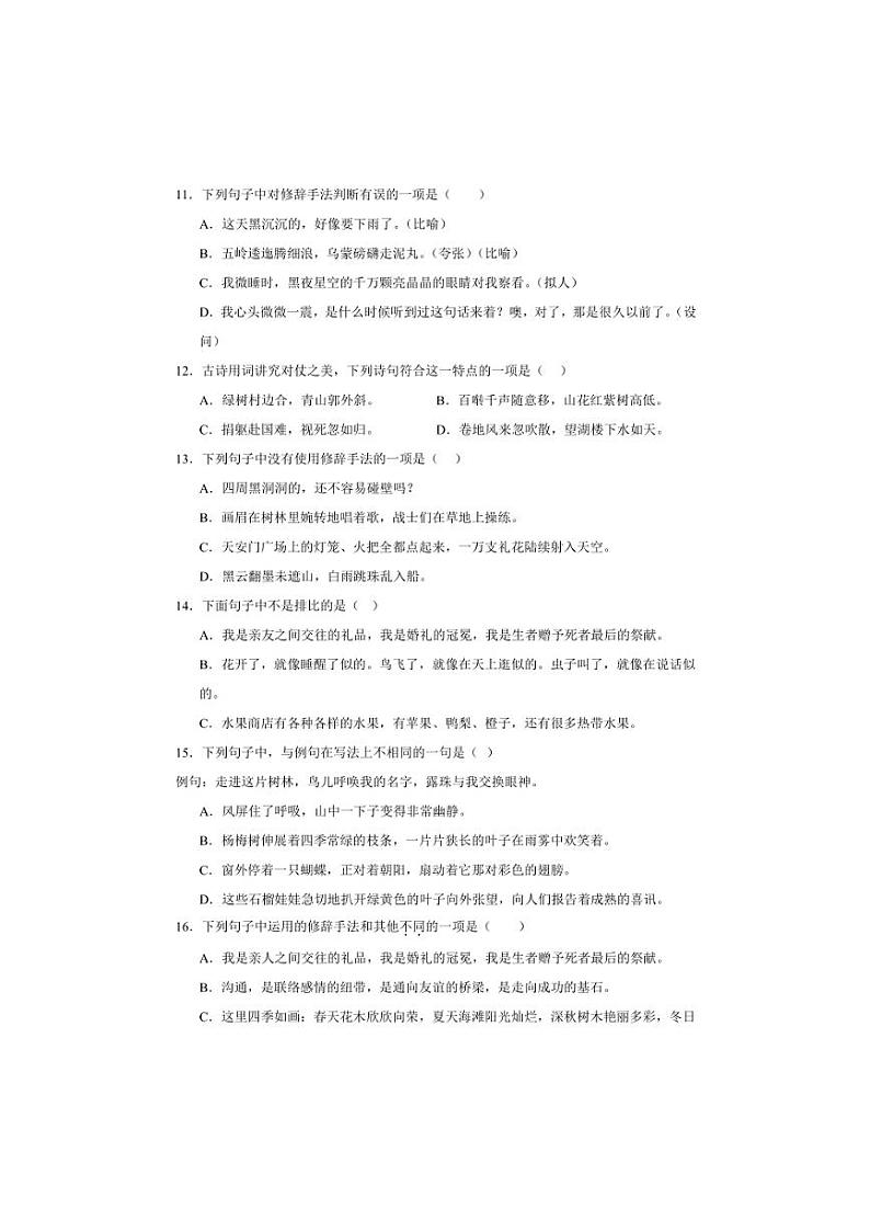 2024～2025学年统编版六年级上册语文期末专题训练：修辞手法试卷(含答案)第3页