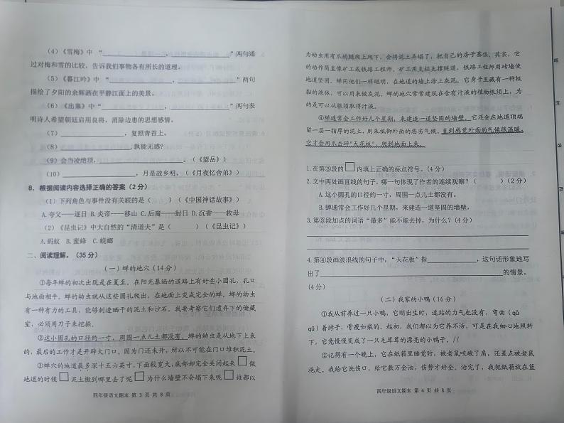 山东省东营市广饶县2024-2025学年四年级上学期期末考试语文试题第2页