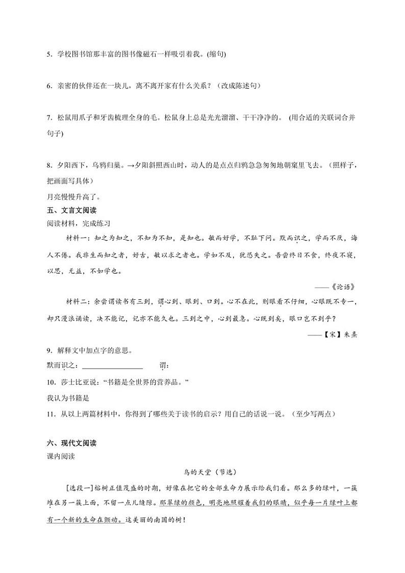 2024～2025学年开学复试试卷小学语文统编版五年级上册第2页