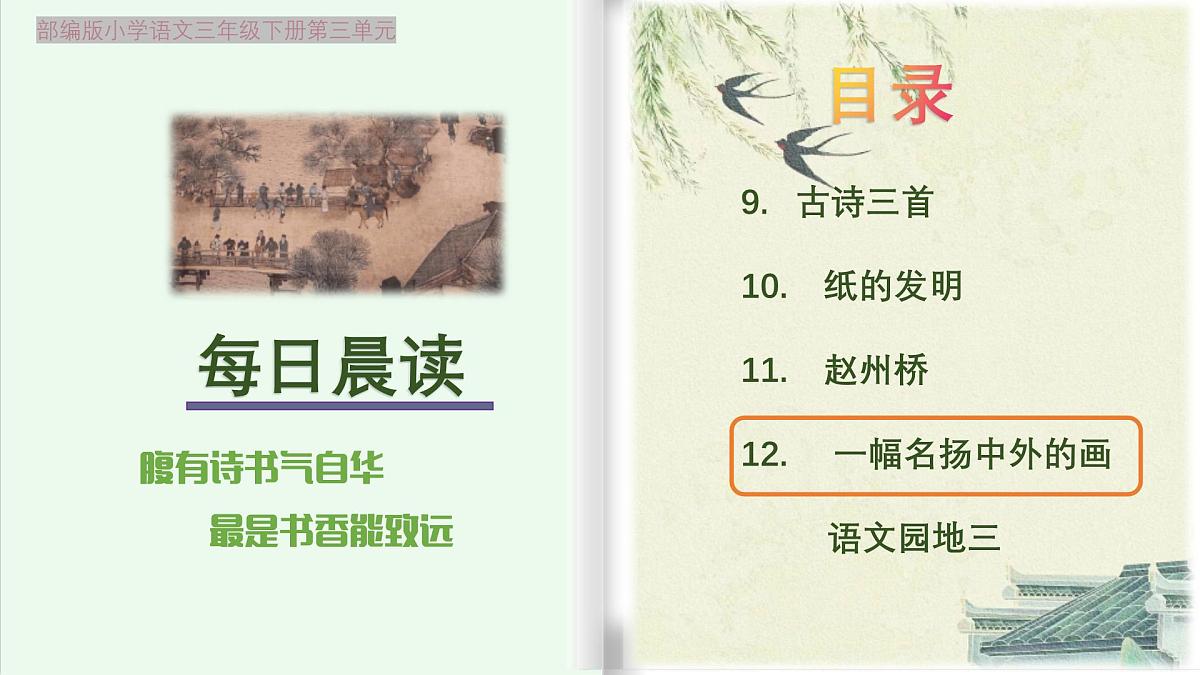 【早读】部编版语文三年级下册 12《一幅名扬中外的画》早读课件PPT第1页