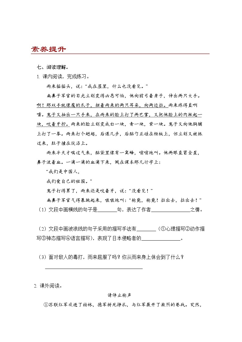 小学语文四年级下册部编版 第六单元第19课 小英雄雨来（节选）（同步练）第3页