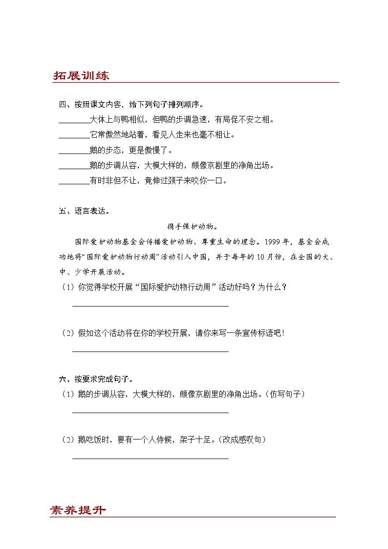 小学语文四年级下册部编版 第四单元第15课 白鹅（同步练）第2页