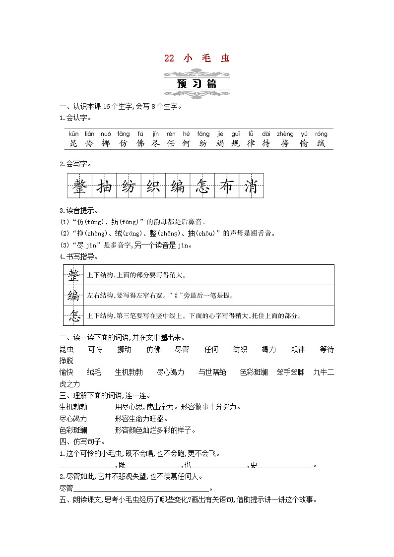 2025二年级语文下册第7单元22小毛虫第1课时教案（统编版2024）第1页