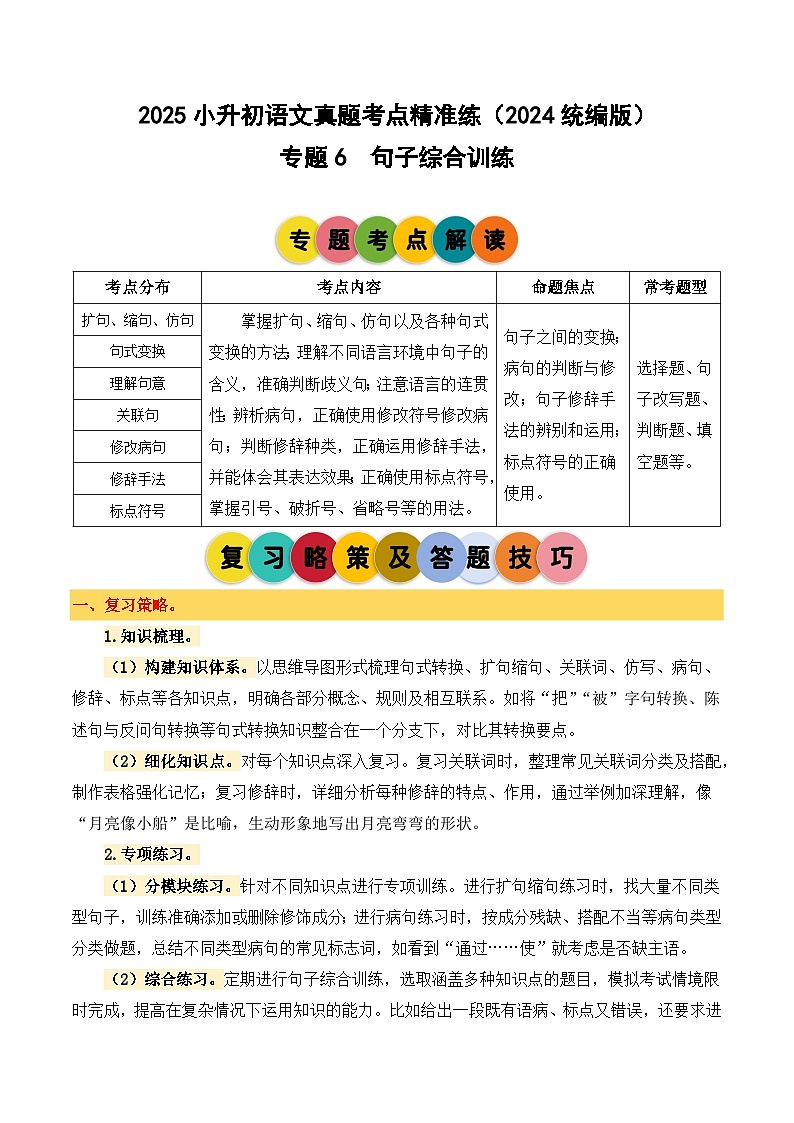 小升初语文备考真题分类汇编 专题6 句子综合训练（原卷+答案）2024-2025学年（统编版）第1页