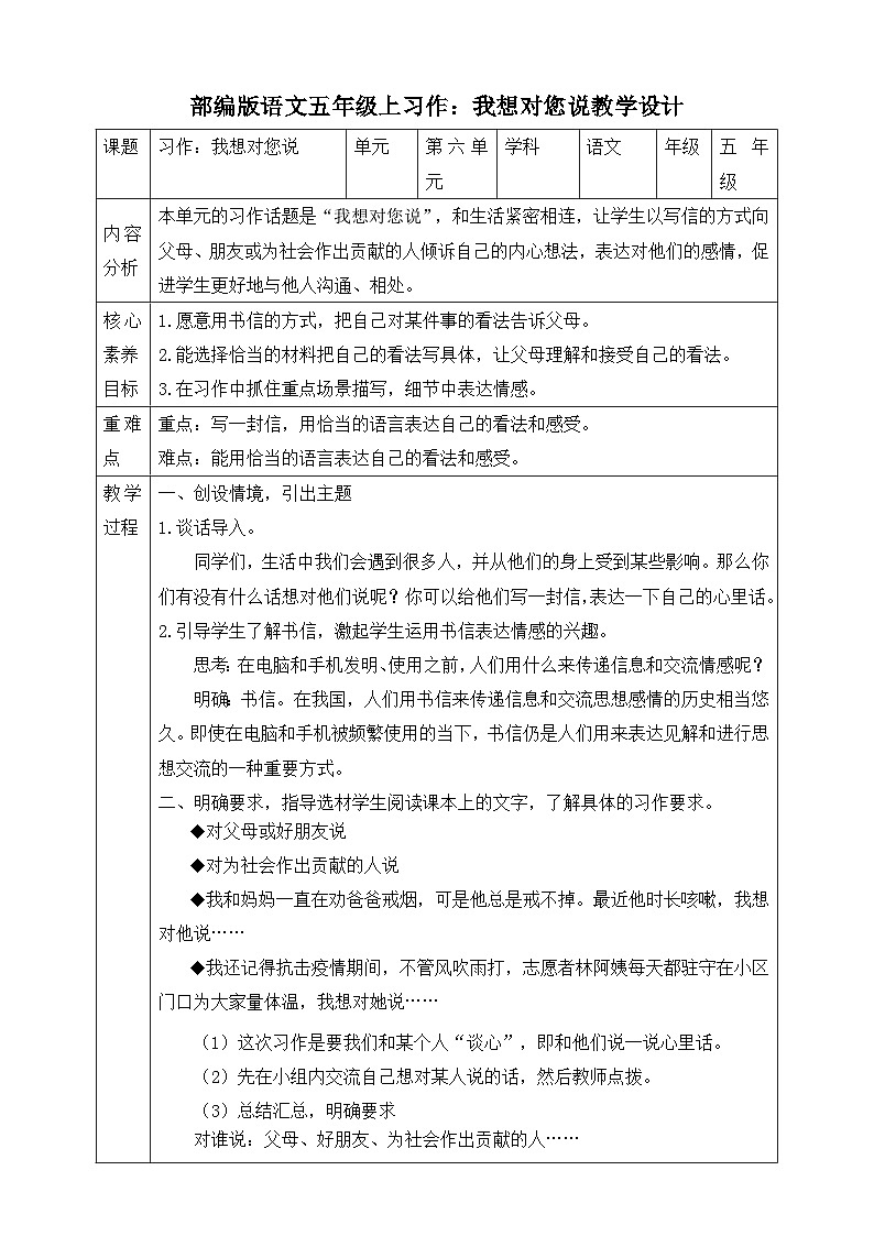 习作：我想对您说  教学设计第1页