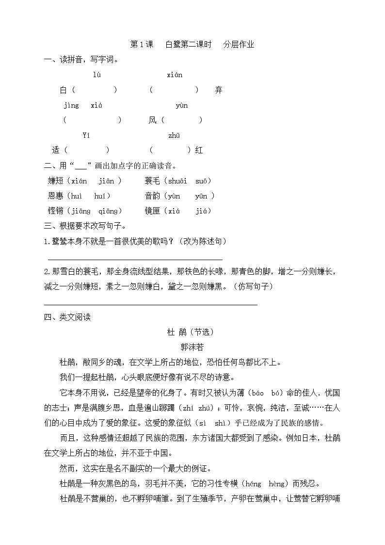 1白鹭（第二课时）00分层练习第1页