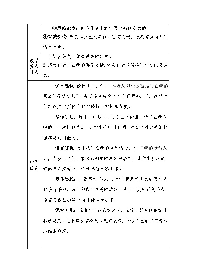 人教版语文四年级下册第四单元15.白鹅 （第一课时）教学设计docx第2页