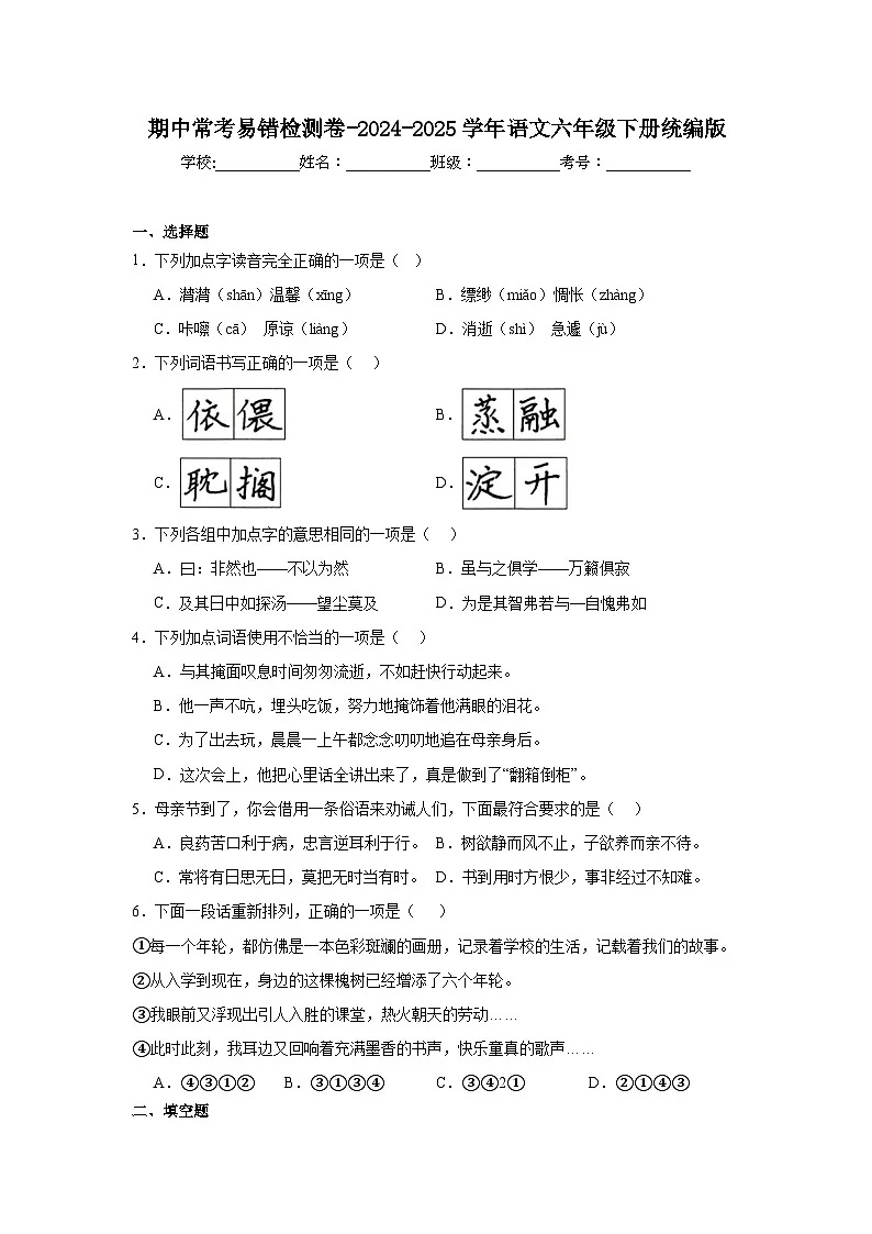 期中常考易错检测卷-2024-2025学年语文六年级下册统编版第1页