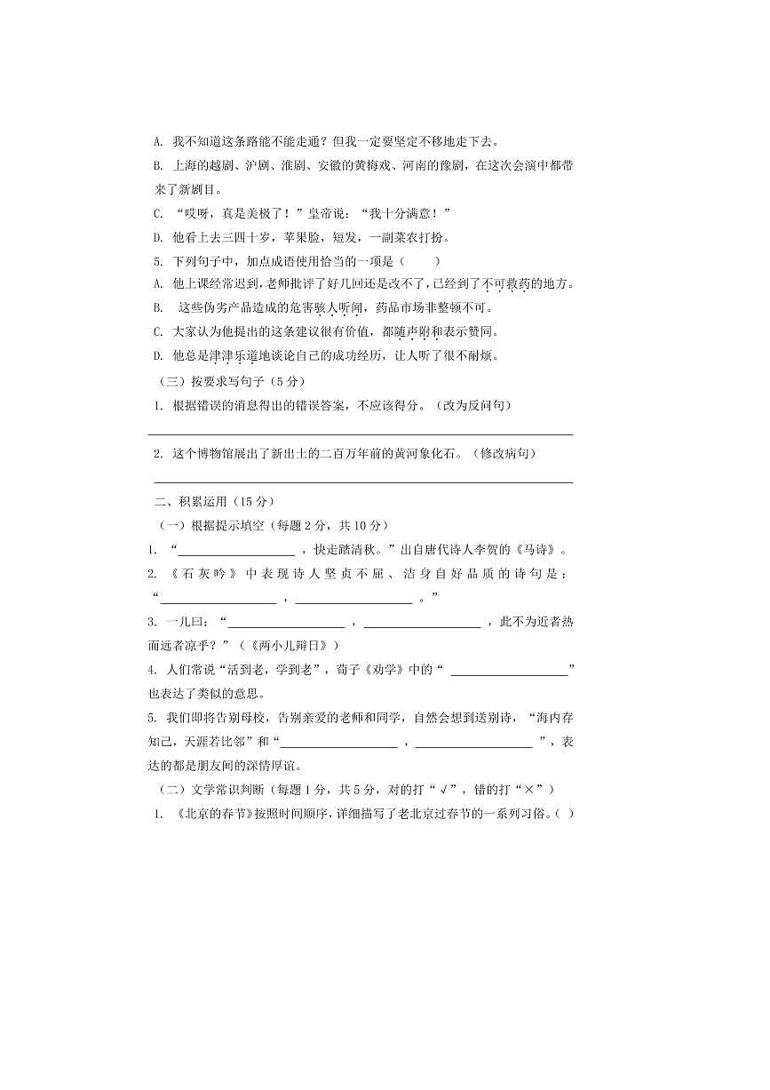 2024～2025学年统编版语文小升初升学模拟真题培优卷试卷(含答案)第2页