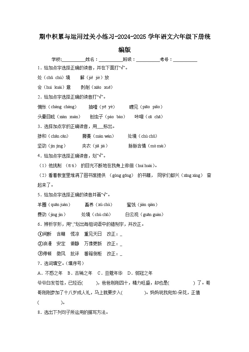 期中积累与运用过关小练习-2024-2025学年语文六年级下册统编版第1页