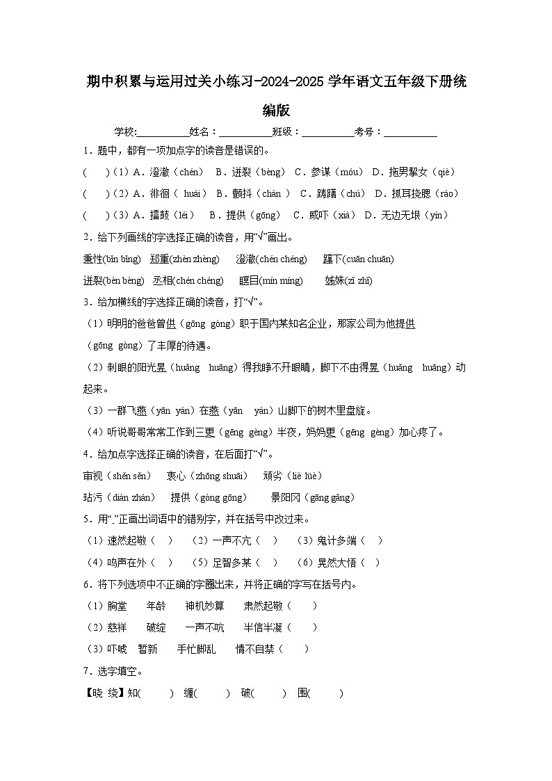期中积累与运用过关小练习-2024-2025学年语文五年级下册统编版 (1)第1页