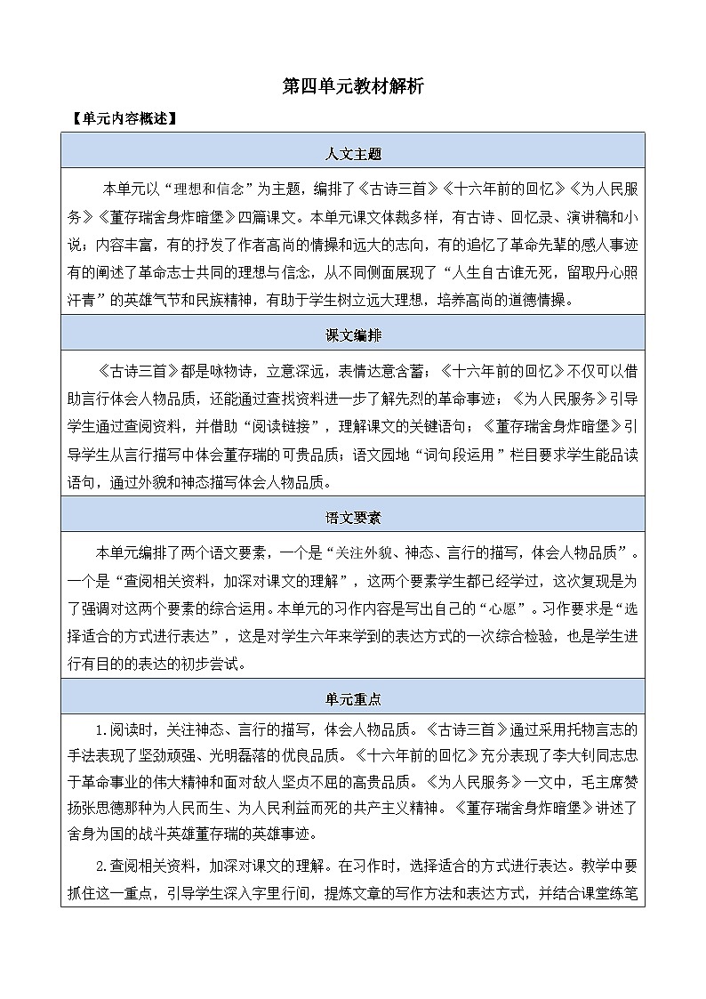 新统编版小学语文六下 第四单元教材解析 讲义第1页
