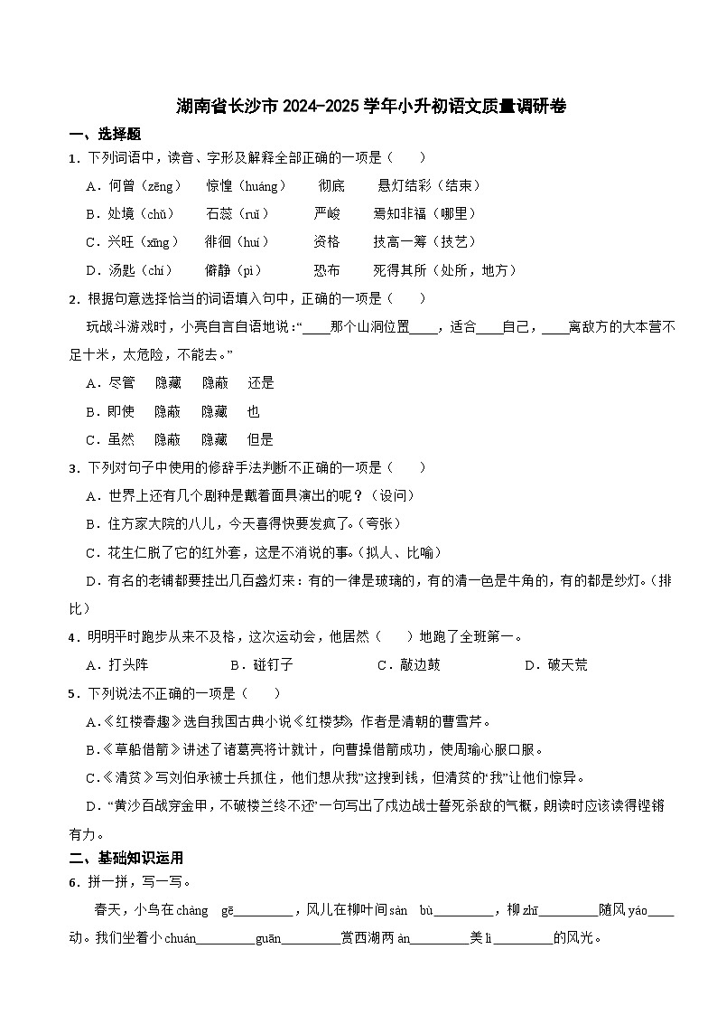 湖南省长沙市2024-2025学年小升初语文质量调研卷第1页