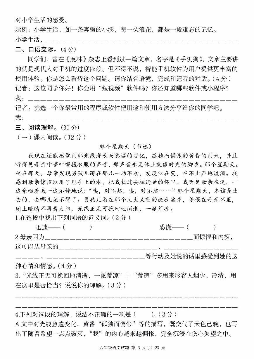 部编版2025年期中测试卷六年级下测语文第3页