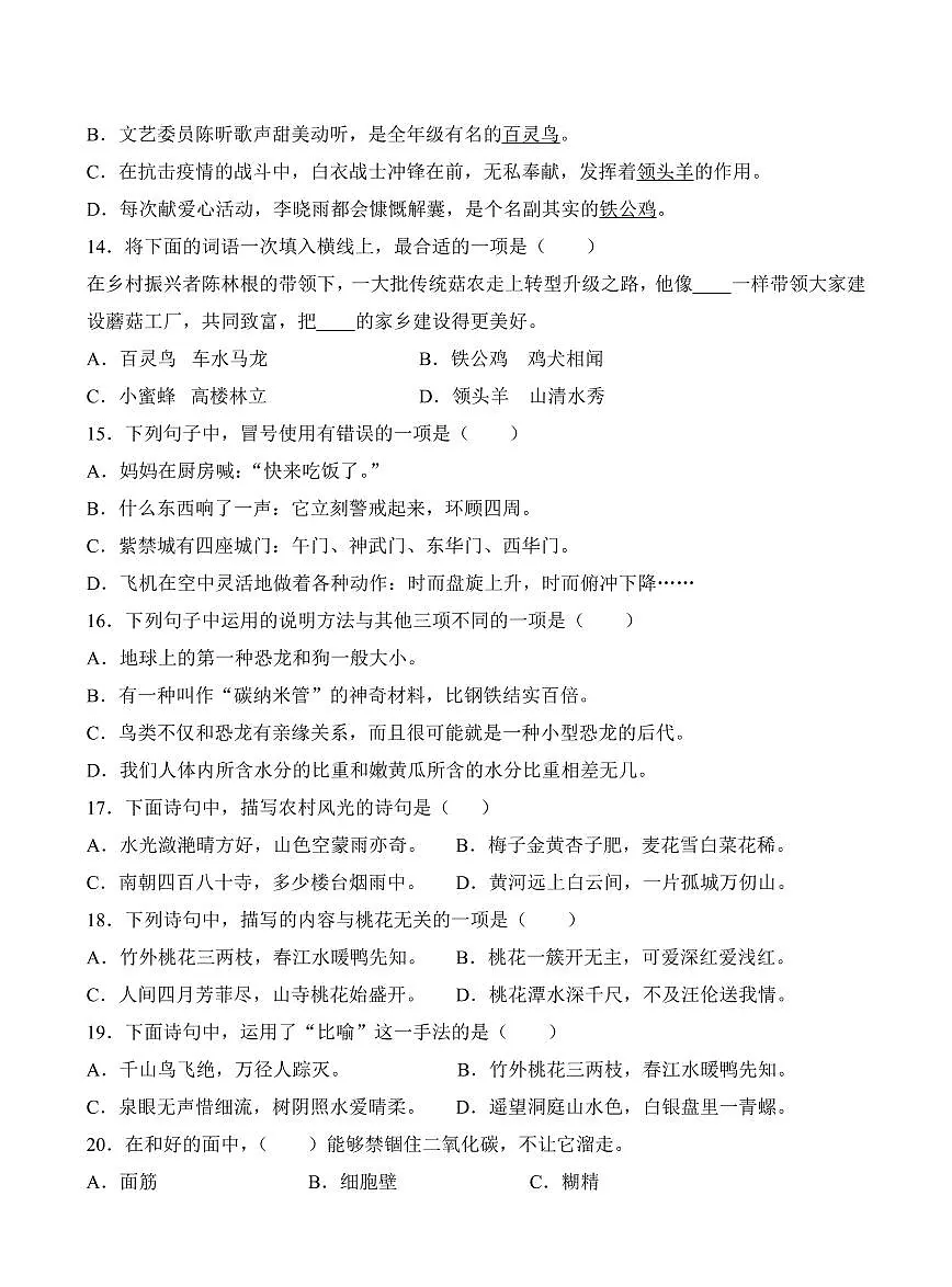 江苏省南通市如皋市如城小学2023-2024学年四年级下册期中考试语文试卷第3页